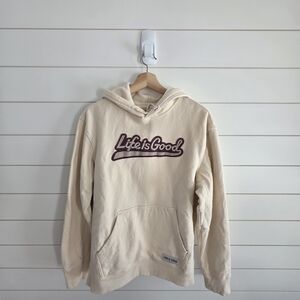 Life is Good Cream & Burgundy Varsity Script Sweatshirt Mens Medium-100% Cotton